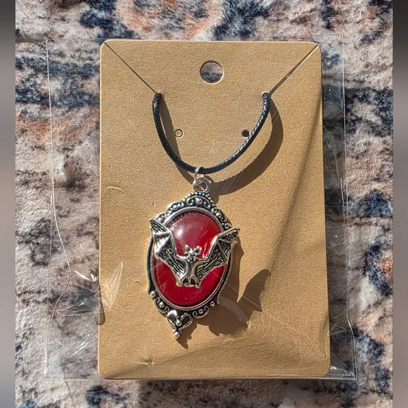 Silver Bat Framed In Red Pendant Necklace - Picture 6 of 7